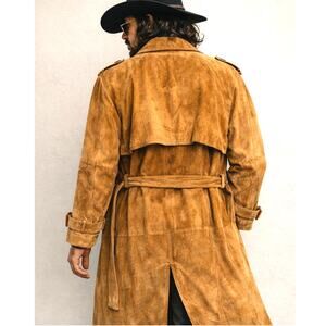 Vintage Phase 2 Suede Trench Coat Men M Longline Western Camel Tan Ranch Indie